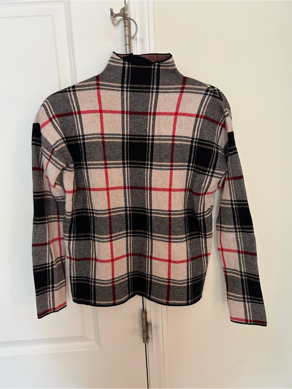 Tahari Plaid Mock Neck Sweater in Black, Cream & Red